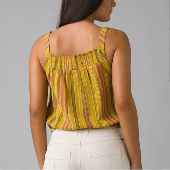 PrAna Cami Womens Small Little Yellow Palm Organic Cotton Striped Smocked New - Picture 8 of 12